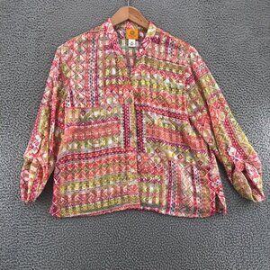 Ruby Rd Top Womens 14 Petite Pink Multi Roll Tab Sleeve Button Up Shimmer Blouse